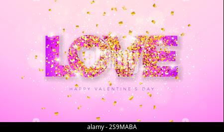 Banner di San Valentino con lettera di tipografia d'amore glittered e Falling Confetti su sfondo rosa chiaro. Matrimonio vettoriale e romantico Illustrazione Vettoriale