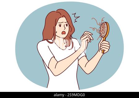 La donna impara circa il problema della perdita dei capelli vede il pettine e apre la bocca in sorpresa. Scioccato ragazza ha bisogno di rimedio per la perdita dei capelli o la consultazione con il cosmetologist che ha suggerito lo shampoo per la testa Illustrazione Vettoriale