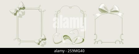 Cornici Coquette con eleganti fiocchi verdi a nastro. Delicato bordo rettangolare, arco ornamentale, profilo curvo decorato con nodi a farfalla. Elementi di design romantici con linee fluide e morbide vortici. Illustrazione Vettoriale