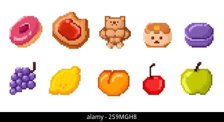 Menu Pixel art con ciambelle, crostata di marmellata, biscotti e panini all'orso, macaron viola, grappolo d'uva, limone e pesca freschi, ciliegia rossa e mela verde. Oggetti di gioco in stile retrò con dolci e frutta. Illustrazione Vettoriale