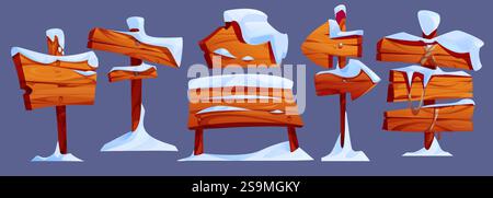 Collezione di insegne in legno innevato - tavole rustiche ricoperte di neve bianca, frecce direzionali in gelo invernale, tavole con chiodi, puntatori incrinati per la navigazione nei giochi della stagione invernale. Illustrazione Vettoriale