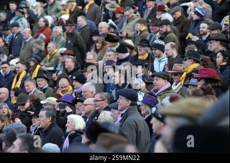 Corse di cavalli all'ippodromo di Cheltenham. Festival Trials Day, l'ultimo sabato di gennaio. Racegoers / Crowds foto di Mikal Ludlow Photography Foto Stock