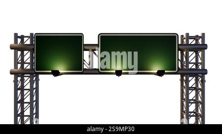 Un rendering 3D raffigura cartelli rettangolari verdi con finiture argentate, fissati a una struttura superiore metallica montata su una trave in acciaio Foto Stock