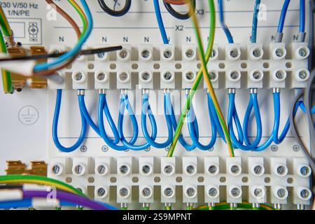 Fili colorati e componenti collegati alla morsettiera nella scatola di distribuzione. Scheda a circuiti elettrici con cablaggio e collegamenti Foto Stock