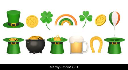Set di elementi per la giornata di san patrizio in stile realistico 3D. Simboli di buona fortuna: Trifoglio, cappello leprecaun, monete d'oro, vaso di denaro, Quatrefoil, ore Illustrazione Vettoriale