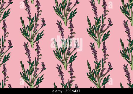 I rami botanici con foglie e bacche astraggono l'illustrazione vettoriale del modello senza cuciture. Stampa di piante ad albero ripetuta su sfondo rosa. Graphi Illustrazione Vettoriale