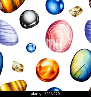 Pattern senza cuciture con illustrazioni isolate di pietre preziose di chakra radicali e sacrali, plesso solare, terzo occhio, cuore e corona. Ematit disegnato a mano ad acquerello Foto Stock