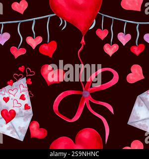 Palloncino a forma di cuore con busta e prua, garland. Motivo senza cuciture su sfondo Bordeaux. Illustrazione acquerello. San Valentino. Disegnato a mano Foto Stock