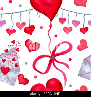 Palloncino a forma di cuore con busta e prua, garland. Motivo senza cuciture. Illustrazione acquerello. Per una romantica decorazione di San Valentino. Disegnato a mano Foto Stock
