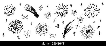 Fuochi d'artificio su sfondo bianco. Matita a matita per disegnare forme geometriche rotonde e turbolenza. Collezione di segni della vittoria di colore nero. Come i bambini che dipingono a mano Illustrazione Vettoriale
