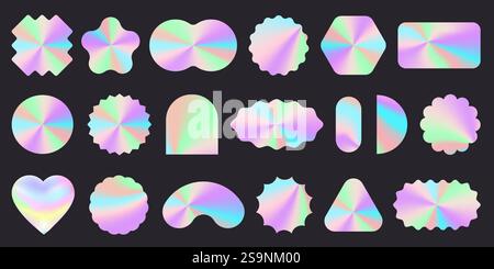 Adesivi olografici. Realistico logo argento con lamina iridescente mockup olografici di forme diverse, etichetta olografica cromata arcobaleno per il confezionamento dei prodotti Illustrazione Vettoriale