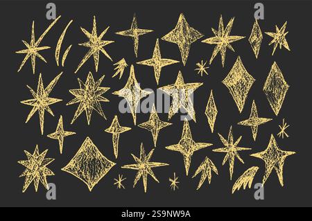 Set di scarabocchi Sparkles Stars. Pastello dorato sulla lavagna. Comete e lampeggiamento nel cielo notturno con gesso. Illustrazione vettoriale disegnata a mano con matita Illustrazione Vettoriale