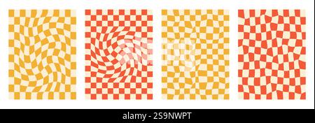 Sfondo scacchiera impostato. Modelli di poster psichedelici. Griglia e strisce distorte vintage con texture verticali y2k. Gioioso gioiello piatto vettoriale Illustrazione Vettoriale