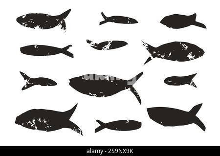 Set di pesci. Collezione scolastica di sardine. Sagome di salmone. Animali sottomarini. Illustrazione degli elementi di collage ritagliati a mano. Illustrazione Vettoriale