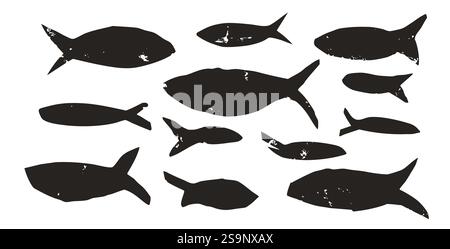 Set di pesci. Collezione scolastica di sardine. Sagome di salmone. Animali sottomarini. Illustrazione degli elementi di collage ritagliati a mano. Illustrazione Vettoriale