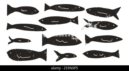 Set di pesci. Collezione scolastica di sardine. Sagome di salmone. Animali sottomarini. Illustrazione degli elementi di collage ritagliati a mano. Illustrazione Vettoriale