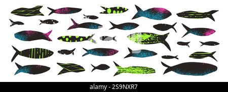 Set testurizzato di pesce. Collezione scolastica di sardine. Sagome di salmone. Animali sottomarini. Illustrazione degli elementi di collage ritagliati a mano. Illustrazione Vettoriale