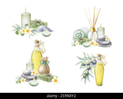 Olio d'oliva, sapone di aleppo, candele, sacco con sale marino, telo, olive, ciottoli, diffusore di aromi e fiori plumeria. Composizioni isolate di acquerelli disegnate a mano di cosmetici per spa. Foto Stock