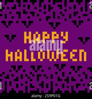 Pixel Art Lettering felice Halloween con pipistrelli astratti e forma Tetris nelle tonalità Halloween. Illustrazione vettoriale biglietti d'auguri o biglietti tematici, invito, etichetta o banner promozionale Web, opuscoli, tag Illustrazione Vettoriale