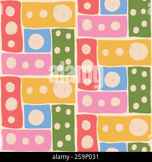 Motivo a pois senza cuciture. Coriandoli a cerchio sfondo infinito. Gli elementi del giro di compleanno ripetono la copertina. Macchie colorate e caotiche ornamento continuo. Sup Illustrazione Vettoriale