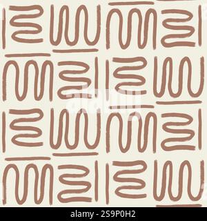 Motivo senza cuciture linee astratte. Traccia grunge geometrica a mano libera sfondo infinito. Le forme ondulate dell'inchiostro a pennello beige ripetono il coperchio. Labirinto tribale continuo Illustrazione Vettoriale