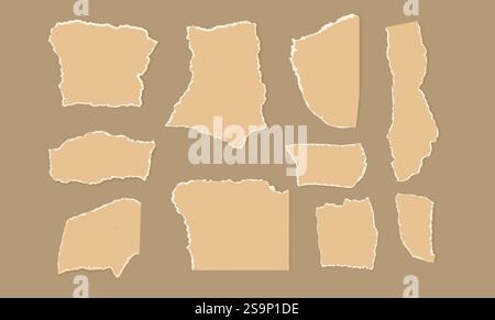 Set di carta con bordi strappati. Confezione strappi di fogli. Cartoncino per imballaggio di modelli riciclati a forma libera e frastagliata. Elementi collage. Pagine vuote strappate. VECTO Illustrazione Vettoriale