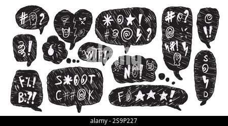 Bolle di voce con parole giurate. Testo per i doodle del pastello maledetto. Espressione negativa nelle finestre di dialogo della chat. Parole d'ordine aggressive isolate su backgroun bianco Illustrazione Vettoriale