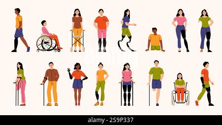 Gruppo eterogeneo di persone con disabilità. Mostra uomini e donne in carrozzina, protesi e stampelle. Supporto adattivo. Uguaglianza e empowerment Illustrazione Vettoriale