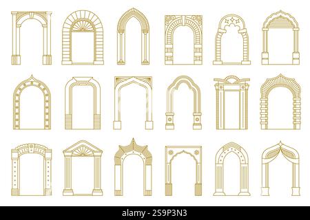 Telai delle portiere ad arco lineare. Cornici geometriche minimaliste per i bordi delle porte, semplici porte ornamentali ad arco. Raccolta di archi vettoriali Illustrazione Vettoriale