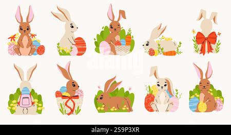 Coniglio pasquale. Simpatici personaggi del coniglietto dei cartoni animati con diverse pose per le vacanze primaverili, biglietti di auguri per conigli, simpatici coniglietti animali tradizionali. Vettore Illustrazione Vettoriale
