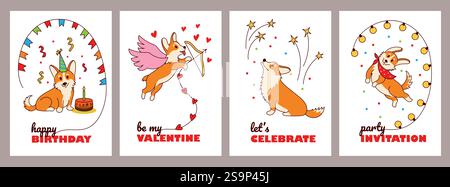 Poster di Corgi. Simpatico e divertente cucciolo di corgi, cani carini personaggi con emozioni felici, design creativo della carta pembroke corgi con adorabile animale domestico. Animale vettoriale Illustrazione Vettoriale