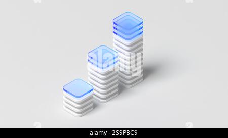 Grafico a colonne astratto. Solido e traslucido. Colore bianco e blu. Glassmorfismo. Copia spazio. Grafico. illustrazione 3d. Foto Stock