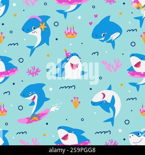 Divertente motivo senza cuciture per squalo. Attività emotive positive dei cartoni animati con squali. Simpatici animali marini che stampano per tessuti e sfondo vettoriale Illustrazione Vettoriale