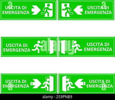 Segnali uscita di emergenza verdi su sfondo bianco con spazio di copia (uscita di emergenza trad.) Illustrazione Vettoriale