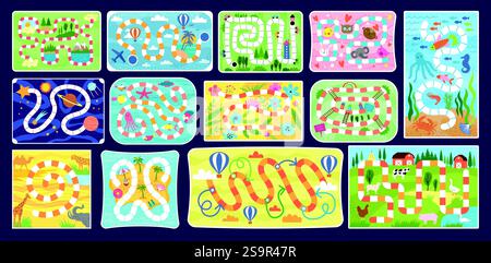 Gioco passo dopo passo. Mappa labirinto di giochi da tavolo fantasia per bambini recenti illustrazioni vettoriali colorate con spazio per testo e immagini Illustrazione Vettoriale