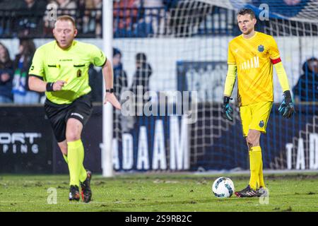 Hasselt, Belgio. 25 gennaio 2025. Ghijsens Lennart (1) dello Sporting Hasselt nella foto di sabato 25 gennaio 2025 a Hasselt, Belgio, durante una partita di calcio tra lo Sporting Hasselt e il KSK Heist. Crediti: Sportpix/Alamy Live News Foto Stock