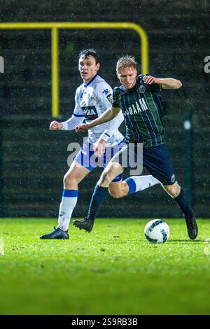 Hasselt, Belgio. 25 gennaio 2025. Dassen Maxime (22) dello Sporting Hasselt nella foto di sabato 25 gennaio 2025 a Hasselt, Belgio, durante una partita di calcio tra lo Sporting Hasselt e il KSK Heist. Crediti: Sportpix/Alamy Live News Foto Stock