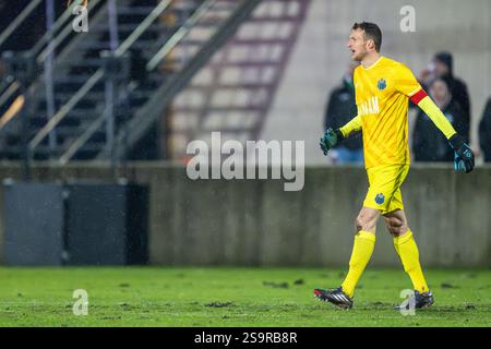 Hasselt, Belgio. 25 gennaio 2025. Ghijsens Lennart (1) dello Sporting Hasselt nella foto di sabato 25 gennaio 2025 a Hasselt, Belgio, durante una partita di calcio tra lo Sporting Hasselt e il KSK Heist. Crediti: Sportpix/Alamy Live News Foto Stock