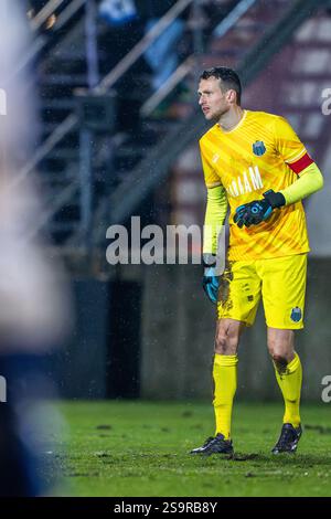Hasselt, Belgio. 25 gennaio 2025. Ghijsens Lennart (1) dello Sporting Hasselt nella foto di sabato 25 gennaio 2025 a Hasselt, Belgio, durante una partita di calcio tra lo Sporting Hasselt e il KSK Heist. Crediti: Sportpix/Alamy Live News Foto Stock