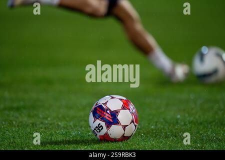 Hasselt, Belgio. 25 gennaio 2025. Selezione palla nella foto durante una partita di calcio tra lo Sporting Hasselt e il KSK Heist, sabato 25 gennaio 2025 a Hasselt, in Belgio. Crediti: Sportpix/Alamy Live News Foto Stock