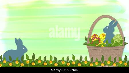 Modello orizzontale con cestino di Pasqua con coniglietti decorativi, uova di Pasqua, erba, fiori. Illustrazione vettoriale isolata. Illustrazione Vettoriale
