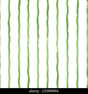 Sfondo isolato con motivo a onda verticale ad acquerello senza cuciture. Tratto di pennello riccio verde disegnato a mano, semplice illustrazione delle linee ondulate. Ingenuo per la primavera Foto Stock