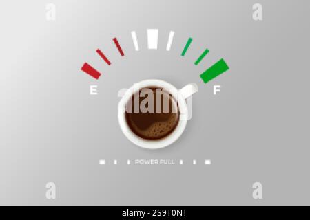 Potenza della tazza di caffè. Indicatore di pieno consumo di caffeina, livello di rifornimento di energia Good Morning Cafe Break Time poster pubblicitario, tazza per cappuccino realistica illustrazione vettoriale esatta grafica originale Illustrazione Vettoriale