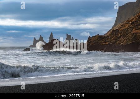 Vikurfjara Black Sand Beach vicino a Vik, sull'isola dell'Islanda, nell'Atlantico settentrionale Foto Stock