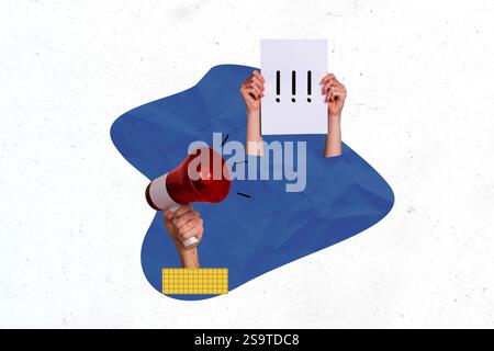 Grafica di tendenza del collage 3D poster di schizzo composito del leader anonimo proclamare l'attenzione del relatore parlare tenere la mano tenere il banner dell'altoparlante Foto Stock