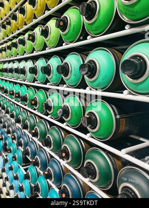 File di bombolette spray verdi, turchesi e turchesi sugli scaffali. Magazzino di ferramenta con erogatori spray per aerosole. Foto Stock