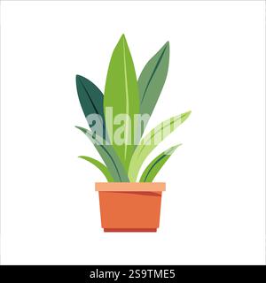 Illustrazione di una pianta verde in vaso con grandi foglie, raffigurata in uno stile grafico moderno, isolata su uno sfondo bianco, che rappresenta la natura Illustrazione Vettoriale