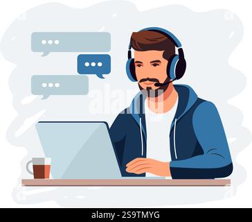 Concetto di assistenza clienti. Uomo con cuffie e microfono con computer portatile. Supporto, assistenza, call center. Illustrazione vettoriale. Stile piatto Illustrazione Vettoriale