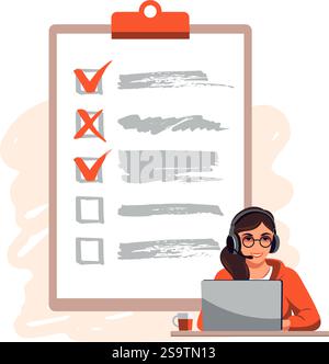 Ragazza che contrassegna le attività completate. Concetto di gestione del tempo, elenco delle cose da fare, metodo di pianificazione del lavoro, feedback o sondaggio. Illustrazione Vettoriale