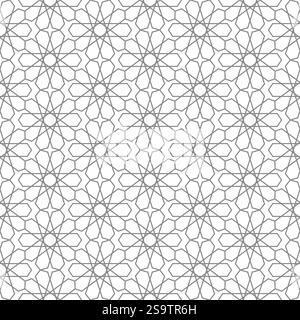 Modello islamico senza cuciture. Patern grigio marocchino su sfondo bianco. Mosaico geometrico dell'Islam. Motivo del Marocco. Stelle della linea araba. Ornamento ottomano. Arabesco Illustrazione Vettoriale